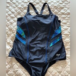 Roots Black and Blue One-Piece Swimsuit Sporty Design Size 18